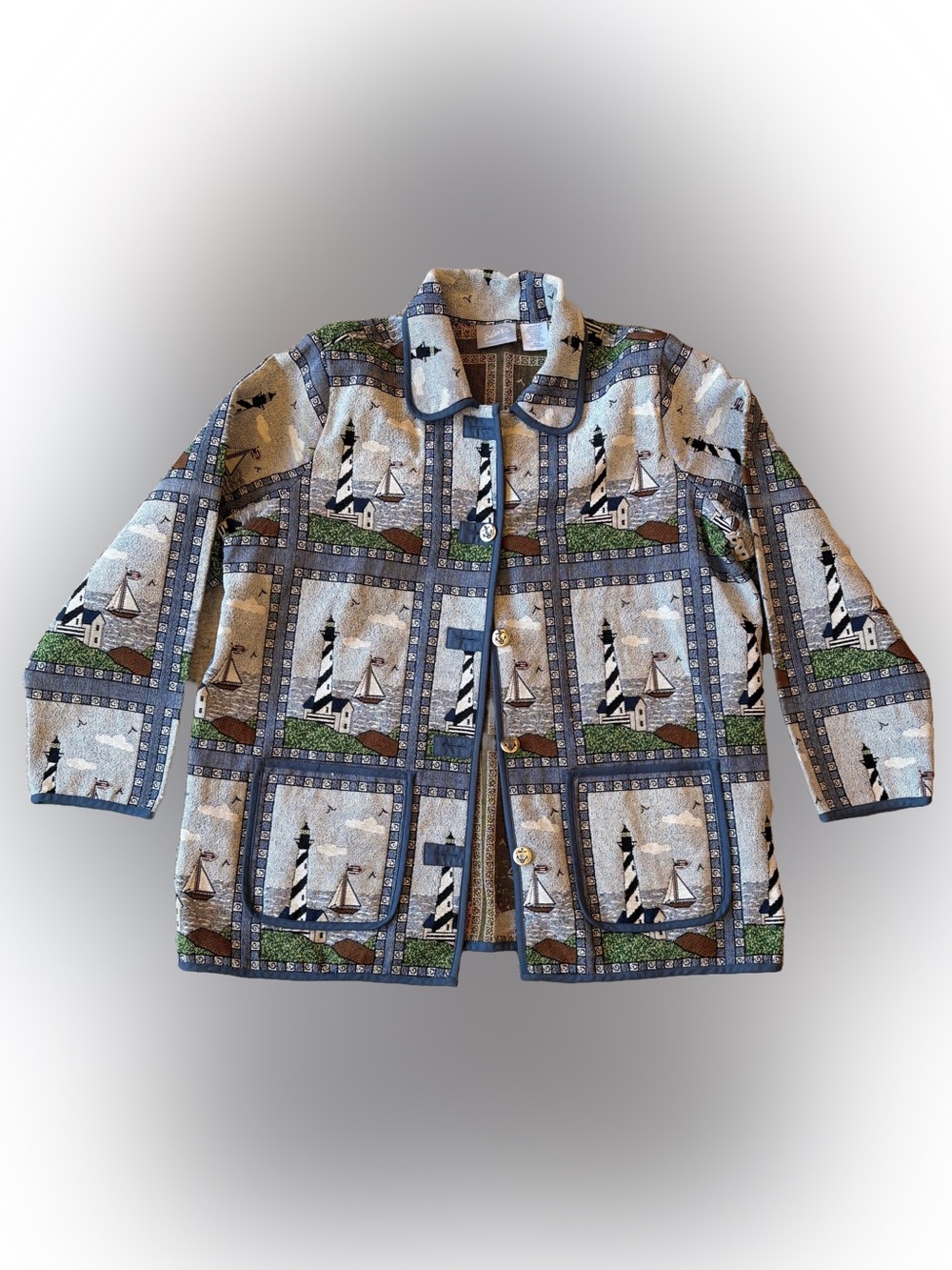 VINTAGE BLAIR LIGHTHOUSE - Nautical Tapestry Jacket with Blue Trim